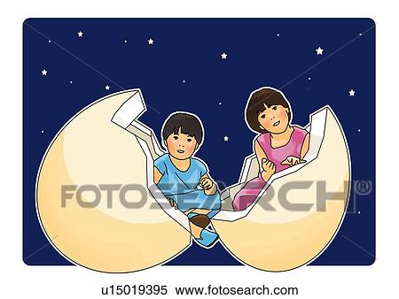 Stock Illustration - A boy and a girl between cracked eggshell, front view. Fotosearch
