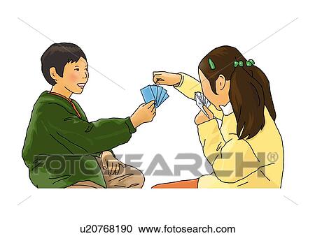 Clipart - A boy and a girl playing cards, side view, white background, cut out. Fotosearch