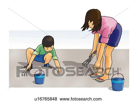 Boy and girl digging clams at the beach, front view, side view View Large Illustration Stock Illustration - Boy and girl digging clams at the beach, front view, side view. Fotosearch