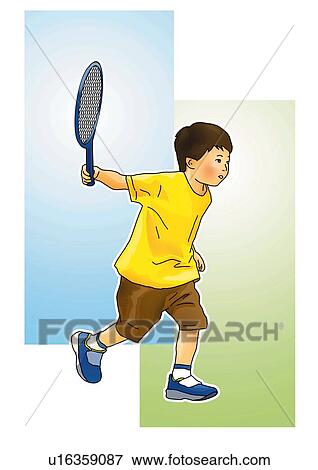Stock Illustration - Boy playing badminton, side view, white background, cut out. Fotosearch