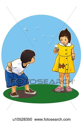 Children blowing fluff of a dandelion, front view, side view, white background, cut out View Large Illustration Clipart - Children blowing fluff of a dandelion, front view, side view, white background, cut out. Fotosearch