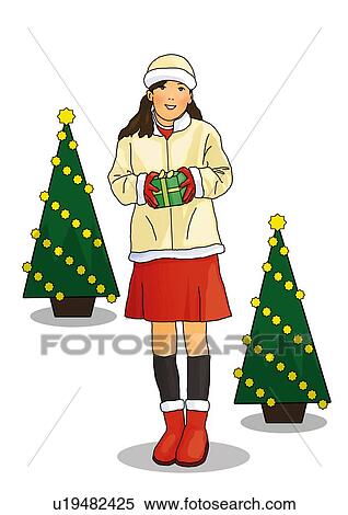 Stock Illustration - Christmas trees and a girl holding a Christmas present, front view, white background, cut out. Fotosearch
