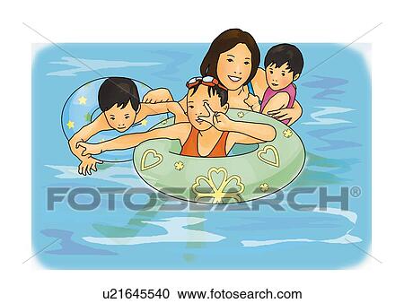 Clipart - Family playing in swimming pool, high angle view, white background, cut out. Fotosearch