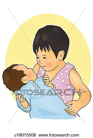 Girl holding a baby, side view, white background, cut out View Large Illustration Stock Illustration - Girl holding a baby, side view, white background, cut out. Fotosearch