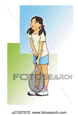 Drawing - Girl holding a tennis racket, side view, white background, cut out. Fotosearch