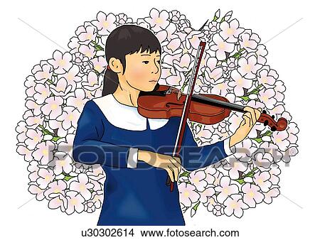 Stock Illustration - Girl playing violin and image of cherry blossoms, front view, white background, cut out. Fotosearch