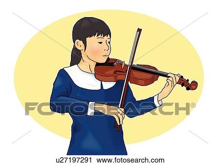 Clip Art - Girl playing violin, front view, white background, cut out. Fotosearch
