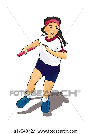 Stock Illustration - Girl running and holding a relay baton, front view, white background, cut out. Fotosearch