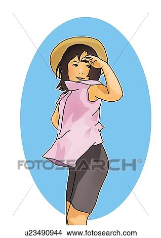 Stock Illustration - Girl with straw hat, side view, white background, cut out. Fotosearch