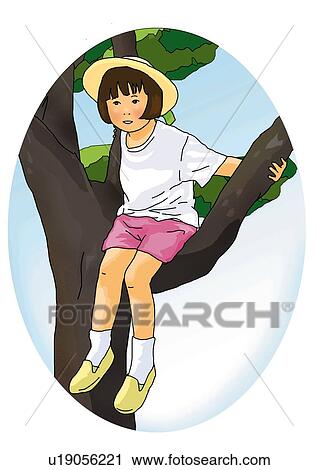 Clip Art - Girl with straw hat sitting on branch of a tree, front view, white background, cut out. Fotosearch