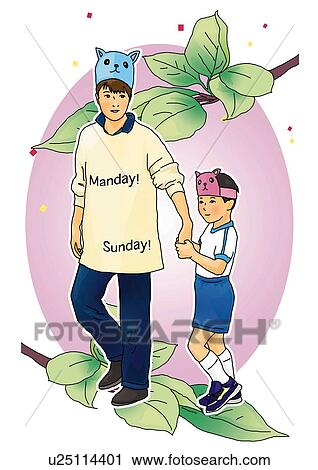 Man and boy holding hands and putting mask on forehead, front view, side view, white background, cut out View Large Illustration Clip Art - Man and boy holding hands and putting mask on forehead, front view, side view, white background, cut out. Fotosearch