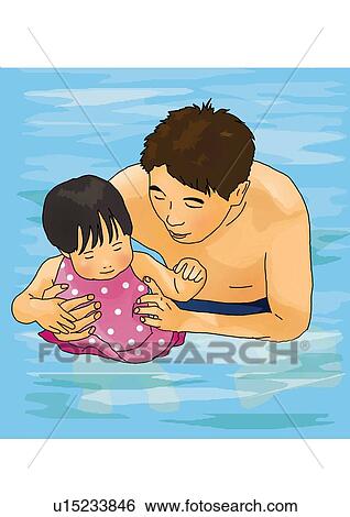 Stock Illustration - Man holding daughter in swimming pool, front view. Fotosearch