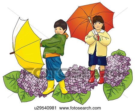 Portrait of a boy and a girl holding umbrella with image of hydrangea, side view, front view, white background, cut out View Large Illustration Clip Art - Portrait of a boy and a girl holding umbrella with image of hydrangea, side view, front view, white background, cut out. Fotosearch
