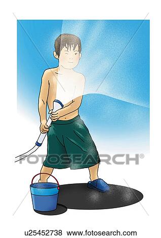 Portrait of a boy holding a hose, front view View Large Illustration Stock Illustration - Portrait of a boy holding a hose, front view. Fotosearch