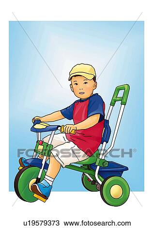 Drawing - Portrait of a boy riding a tricycle, side view, white background, cut out. Fotosearch