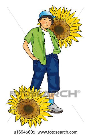 Stock Illustration - Portrait of a boy with sunflowers, front view, white background, cut out. Fotosearch