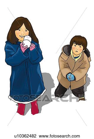 Drawing - Portrait of a girl and a boy playing with snow, high angle view, white background, cut out. Fotosearch