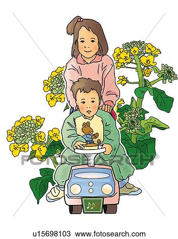 Drawing - Portrait of a girl and a boy playing with toy, rape blossoms in background, front view, white background, cut out. Fotosearch