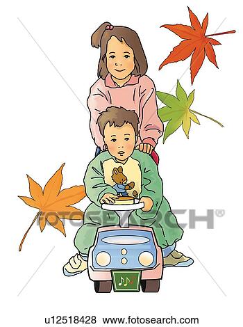Stock Illustration - Portrait of a girl and a boy playing with toy, front view, white background, cut out. Fotosearch