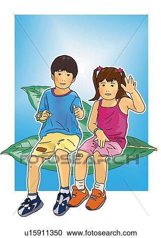 Portrait of a girl and a boy sitting on a leaf, front view, white background, cut out View Large Illustration Clipart - Portrait of a girl and a boy sitting on a leaf, front view, white background, cut out. Fotosearch