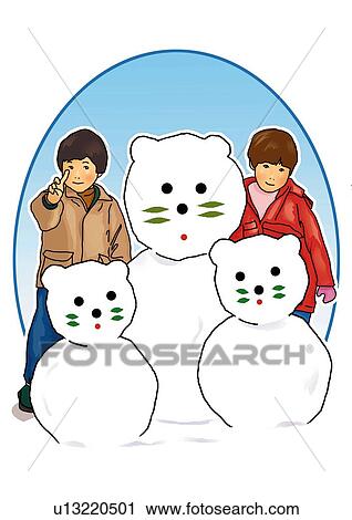 Clip Art - Portrait of a girl and a boy with three cat-shaped snowmen, front view, white background, cut out. Fotosearch