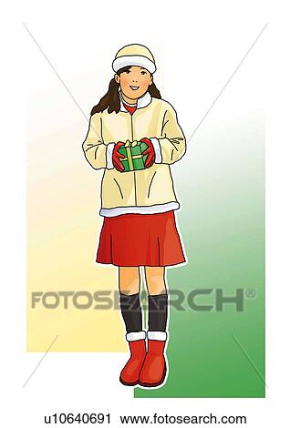 Portrait of a girl holding a Christmas present, front view, white background, cut out View Large Illustration Clip Art - Portrait of a girl holding a Christmas present, front view, white background, cut out. Fotosearch