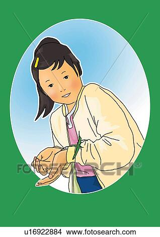 Portrait of a girl holding a locust, front view, green background View Large Illustration Stock Illustration - Portrait of a girl holding a locust, front view, green background. Fotosearch