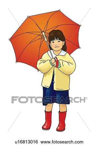 Stock Illustration - Portrait of a girl holding an umbrella, front view, white background, cut out. Fotosearch