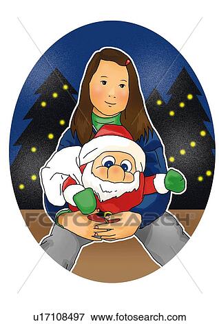 Stock Illustration - Portrait of a girl holding Santa Claus doll, front view, white background, cut out. Fotosearch