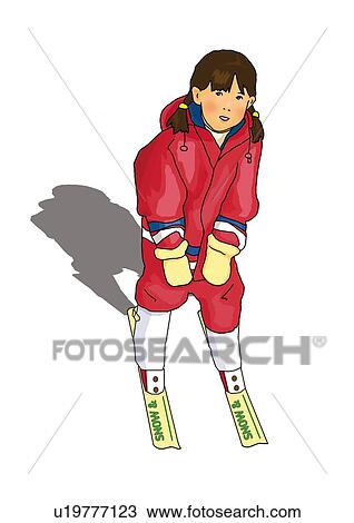 Portrait of a girl skiing, high angle view, white background, cut out View Large Illustration Drawing - Portrait of a girl skiing, high angle view, white background, cut out. Fotosearch