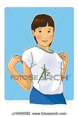 Portrait of a girl with a locust, front view, blue background View Large Illustration Drawing - Portrait of a girl with a locust, front view, blue background. Fotosearch