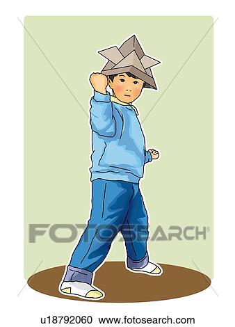 Portrait of a Japanese boy wearing Origami helmet and posing, side view, gray background View Large Illustration Clipart - Portrait of a Japanese boy wearing Origami helmet and posing, side view, gray background. Fotosearch
