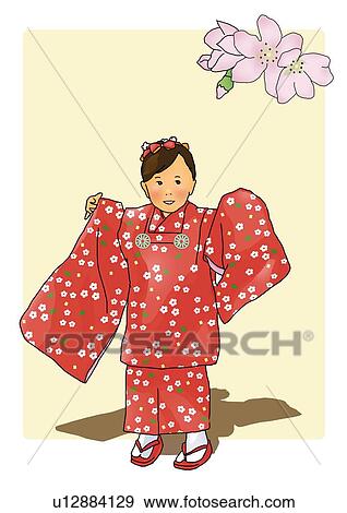 Stock Illustration - Portrait of a Japanese girl in Kimono, front view, orange background. Fotosearch