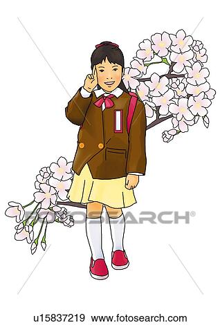 Portrait of a Japanese girl in formalwear, front view, white background, cut out View Large Illustration Stock Illustration - Portrait of a Japanese girl in formalwear, front view, white background, cut out. Fotosearch