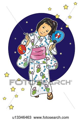 Drawing - Portrait of a Japanese girl in yukata holding Japanese fan and water balloon, front view, white background, cut out. Fotosearch
