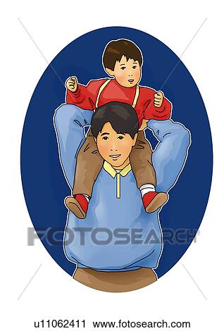 Clip Art - Portrait of Japanese family, child on father's shoulders, front view, white background, cut out. Fotosearch