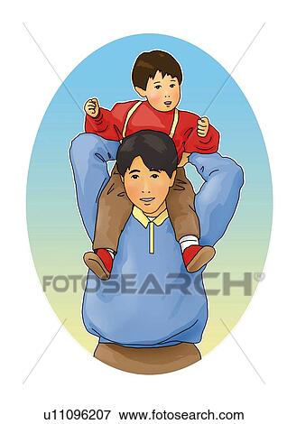 Stock Illustration - Portrait of Japanese family, child on father's shoulders, front view, white background, cut out. Fotosearch