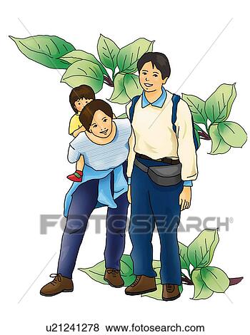 Portrait of Japanese family, child on mother's back, front view, white background, cut out View Large Illustration Stock Illustration - Portrait of Japanese family, child on mother's back, front view, white background, cut out. Fotosearch