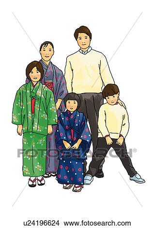 Portrait of Japanese family, female in Kimono, front view, white background, cut out View Large Illustration Stock Illustration - Portrait of Japanese family, female in Kimono, front view, white background, cut out. Fotosearch