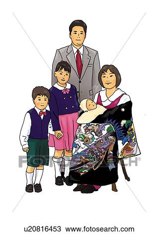 Drawing - Portrait of Japanese family in formalwear, front view, white background, cut out. Fotosearch