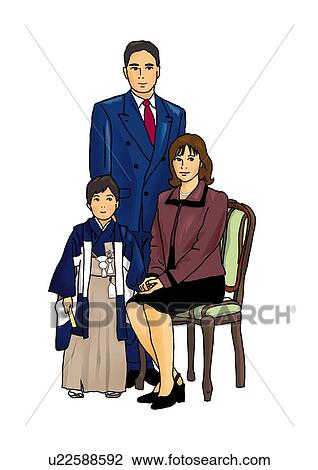 Drawing - Portrait of Japanese family in formalwear, boy in Kimono, front view, white background, cut out. Fotosearch