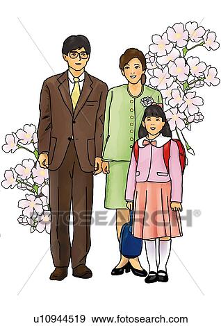Stock Illustration - Portrait of Japanese family in formalwear, front view, white background, cut out. Fotosearch