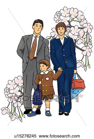 Portrait of Japanese family in formalwear, front view, white background, cut out View Large Illustration Stock Illustration - Portrait of Japanese family in formalwear, front view, white background, cut out. Fotosearch