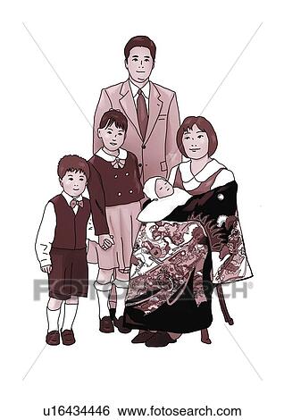 Stock Illustration - Portrait of Japanese family in formalwear, front view, black and white, white background, cut out. Fotosearch