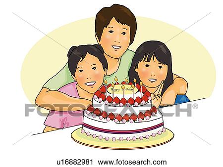 Portrait of Japanese family with a birthday cake, front view, white background, cut out View Large Illustration Clip Art - Portrait of Japanese family with a birthday cake, front view, white background, cut out. Fotosearch