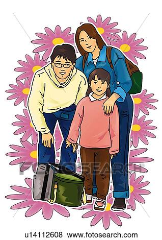 Stock Illustration - Portrait of Japanese family with image of flower heads, front view, white background, cut out. Fotosearch