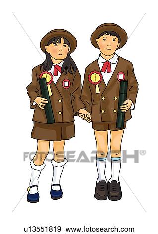 Stock Illustration - Portrait of Japanese girl and boy in school uniform, hand in hand, front view, white background, cut out. Fotosearch