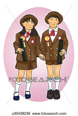 Stock Illustration - Portrait of Japanese girl and boy in school uniform, hand in hand, front view, white background, cut out. Fotosearch