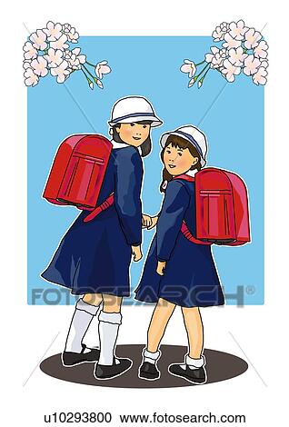 Portrait of Japanese girls in school uniform, rear view, white background, cut out View Large Illustration Clipart - Portrait of Japanese girls in school uniform, rear view, white background, cut out. Fotosearch