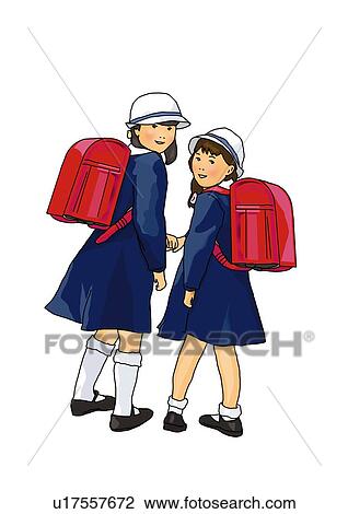 Portrait of Japanese girls in school uniform, rear view, white background, cut out View Large Illustration Drawing - Portrait of Japanese girls in school uniform, rear view, white background, cut out. Fotosearch